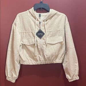 Zaful Cream Cropped Corduroy Hoodie Jacket